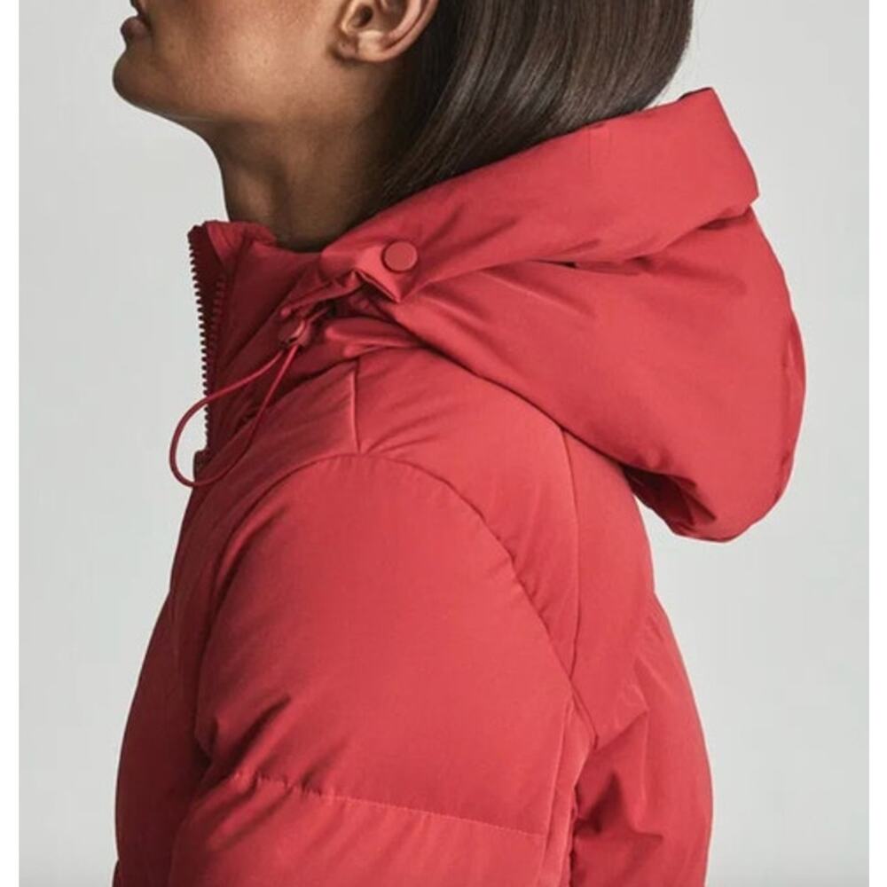 REISS Thea Short Puffer Jacket NEW Size S Red Quilted Hoodie $565 Coat Winter - Picture 15 of 16